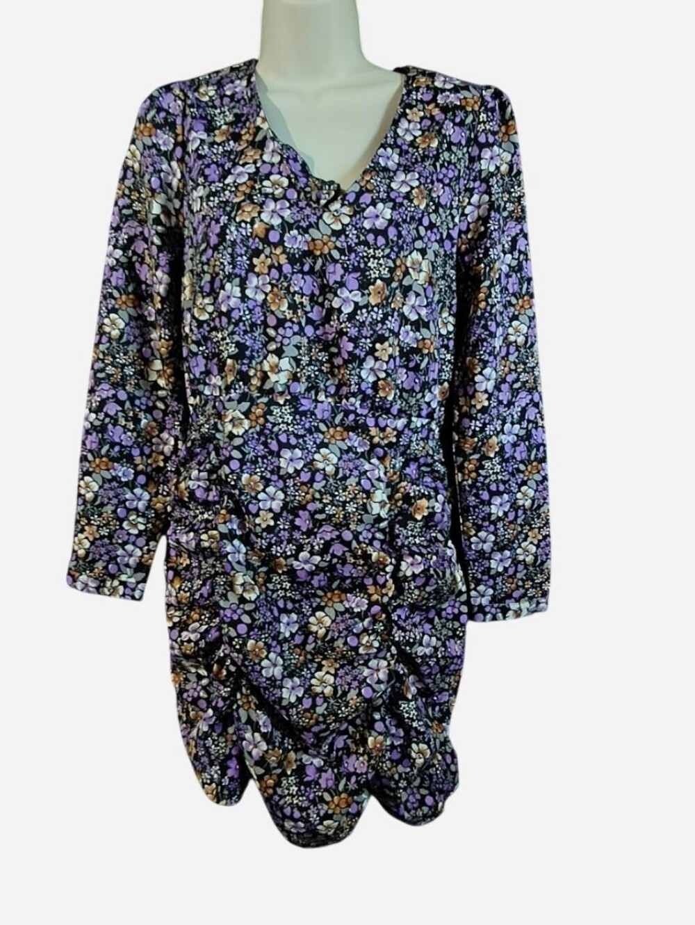 Vero Moda Purple Floral V-Neck Ruched Long Sleeve Dress with Brown Accents